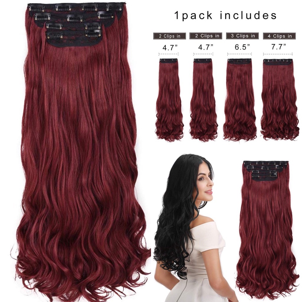 ✨24" WINE RED CURLY WAVY 4PIECE CLIP-IN EXTENSIONS
